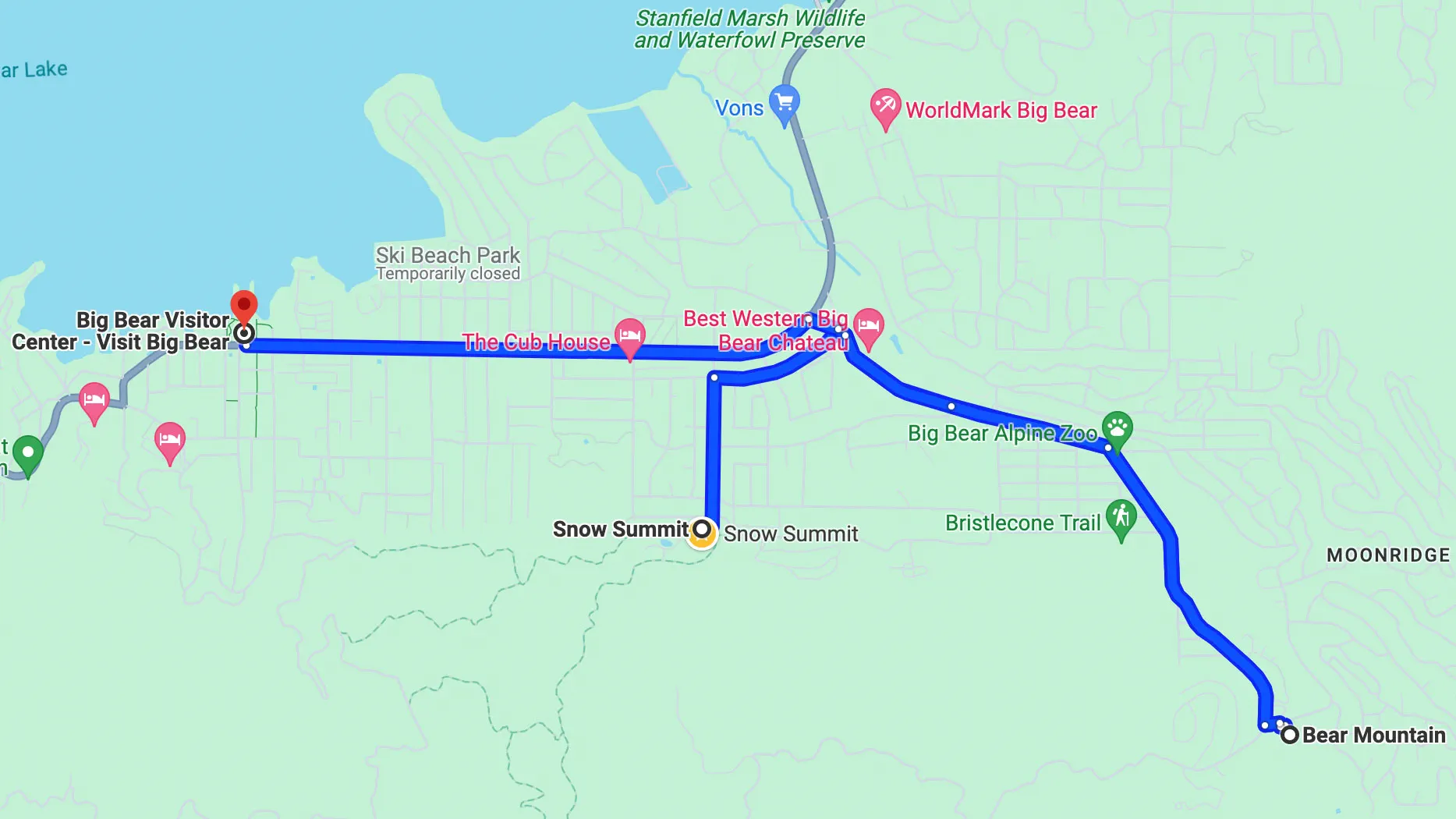 Directions on google from Bear Mountain and Snow Summit to the Big Bear Lake village